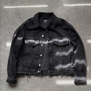 Zara Black Frayed Hem Distressed Denim Jacket
